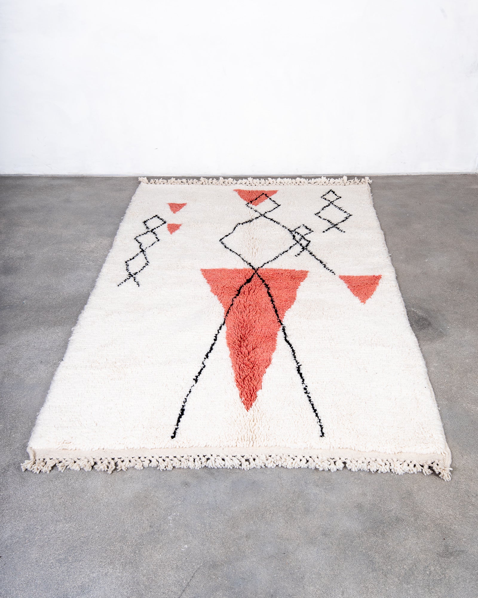 Modern, designer, handcrafted Berber rug from Morocco. Beniourain carpet with beautiful colours and patterns and fluffy wool texture.